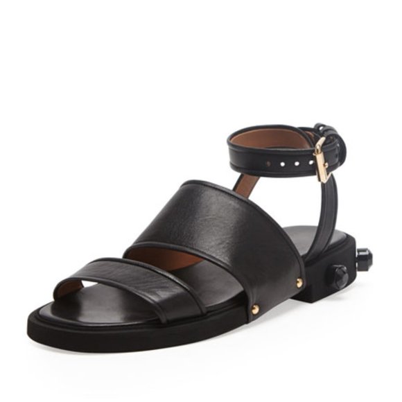 Givenchy Strappy Ankle-Wrap Embellished Crystals Black Leather Flat Sandal Shoes - Picture 1 of 16